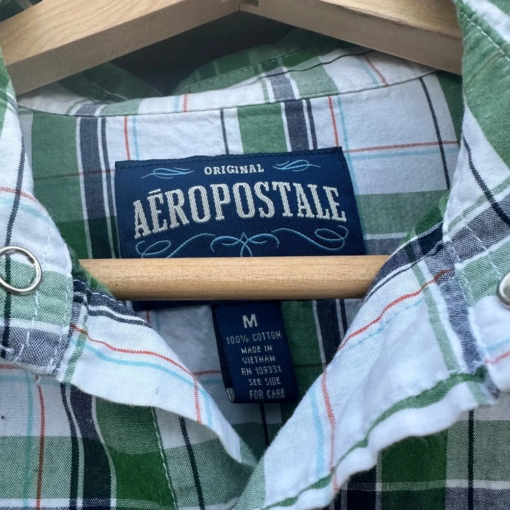 Aeropostale Plaid Western Pearl Snap Long Sleeve Shirt Green Sz Medium Retro Y2K